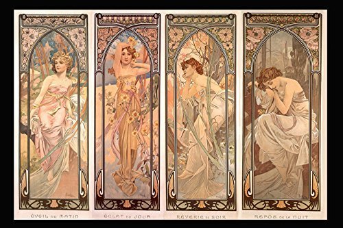 Alphonse Mucha 'Times of Day' A3 Poster, 42 x 30 cm, Morning Awakening, Brightness of Day, Evening Reverie & Nights Rest, Art Nouveau Giclee Print by OFA Prints