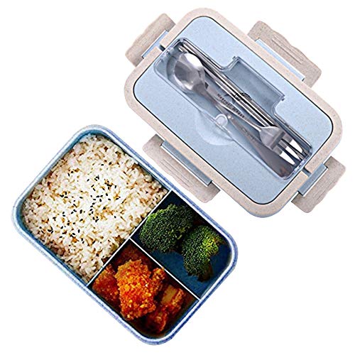 Scatole bento, sicurezza grano naturale 1000 ml lunch box contenitore alimentare ermetico con bacchette, cucchiaio per bambini e adulti, microonde, lavabile in lavastoviglie (Blu)