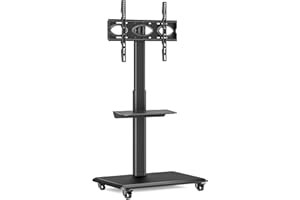 RFIVER Mobile TV Stand on Wheels for Most Flat Curved 32-65 inch TVs, Swivel Rolling TV Stand with Wooden Base, Height Adjustable with 1 Shelf Max VESA 400x400 mm up to 35kgs