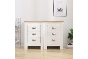 HOMEMADE DEISGN Homemade Design Bedroom Pair of 2 Wooden Bedside Table Nightstand with 3 Drawers Storage Unit for Bedroom White and Oak