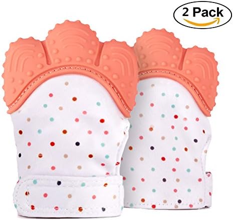 Baby Teether by KingCorey - 2 Pack Sounding Teething Mittens for Protecting Baby’s Fingers, Soothing Toys for Infants Age 2 - 12 Months (orange)