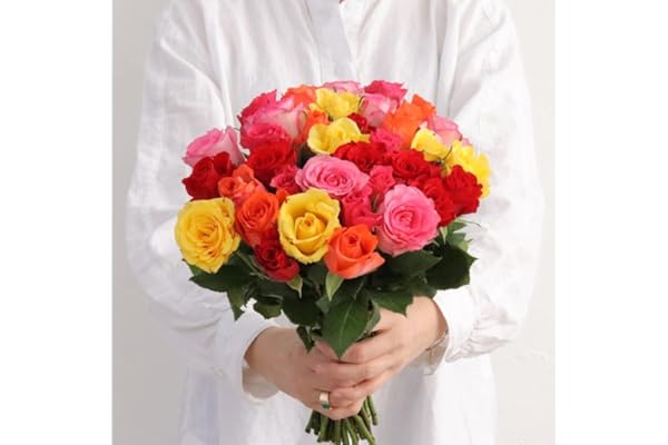 Fleurs et Délices - Brassée de Roses Multicolores - Fleurs Fraîches - Très Grand Bouquet de Roses Multicolores, Cadeau d’Exception pour Anniversaire ou Saint-Valentin, 55 Tiges