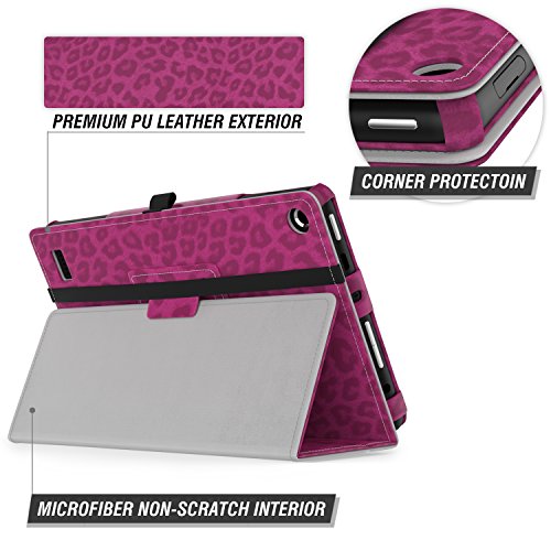 MoKo Fire 2015 7 Zoll Hülle – Kunstleder Ständer Schutzhülle Smart Cover mit Stift-Schleife und Stanfunktion für Amazon Fire Tablet (Vorherige 5th Generationeration – 2015 Modell) Tablet, Leopard Rot - 7