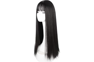 ‎FILFEEL 28,3-calowa Długa Czarna Prosta Peruka z grzywką, Damska Odporna na Ciepło Elegancka Peruka Syntetyczna - Wysoka gęstość, Matowa Tekstura