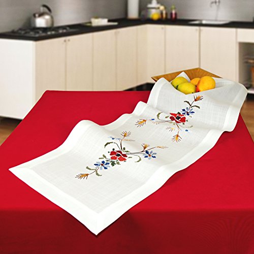 Zauberhafte Landhaus - Stickpackung " BLÜTENTEPPICH mit MOHN - und KORN - BLUMEN " - Stickdecke Tischläufer 40 cm x 100 cm - Kreuzstich vorgezeichnet - Stickgarn aus 100 % Baumwolle - qualitativ sehr hochwertig - zum Sofort-Loslegen - Tischläufer 40x100 cm - zum Selbersticken - aus dem KAMACA-SHOP
