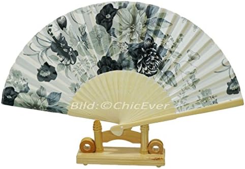 Beautiful Boxes/Hand Fan of Chic Values, & Bamboo Silk in Black White Brown, Flowers, Needlework, 7219