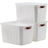 3 Adet Modern Kapaklı Saklama Kutusu Seti -15 Litre &ndash; Beyaz -Taşınabilir Kulplu, Dolap İ&ccedil;i D&uuml;zenleyici, &Ccedil;ok Ama&ccedil;lı Organizer 