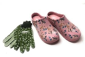 Trachten-Dirndl-More Damen Clogs & Pantoletten mit Gartenhandschuhen Verschiedene Designs Blumen Gemüse Gelb Rot Punkte Uni Blau und Rosa Multi Fuchsia Multi Navy