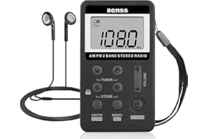 BENSS Portable Radio Mini Pocket Radio AM/FM Digital Stereo DSP Receiver Handheld Radio with Rechargeable Battery and Headphones/Earphones, Personal Radio for Gym Sports, Excellent Reception Black