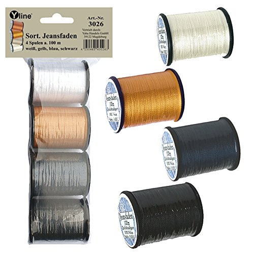 Sort. 4 Spulen a. 100 m Qualitäts - Nähgarn Jeansfaden verschied. Farben, Ne 25.3/2, 100% Nylon für die Nähmaschine, 3026