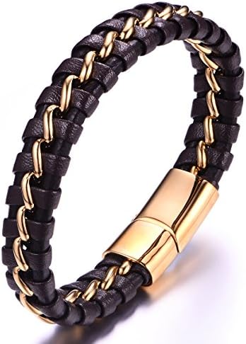 Leather Bracelet for Men 18k Gold Plated Stainless Steel Chain with Magnetic Clasp 21.5cm