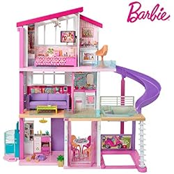 Barbie Mobilier Dreamhouse, maison de poupées à deux étages avec ascenseur, piscine, toboggan, cinq pièces et garage, jouet pour enfant, FHY73