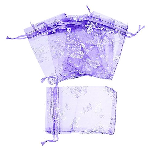 ZALAGO 9cm x12cm Lila Organzasäckchen Säckli Geschenkbeutel Hochzeit Beutel Schmetterling,50 stk - 3