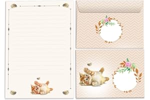 JUNAPACK Lot de papier à lettre pour fille - Chat - Bloc de papier à lettre avec enveloppe pour enfants - Bloc A5 de 25 feuilles + 15 enveloppes