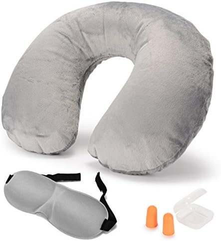 ATKKE Inflatable Neck Pillow - Travel / flight kit Travel Pillow with 3D Contour Eye Mask, Ear Plugs and Carrying Bag perfer for sleeping on Airplanes, Cars, Buses, Train, Home or Office Naps HG10