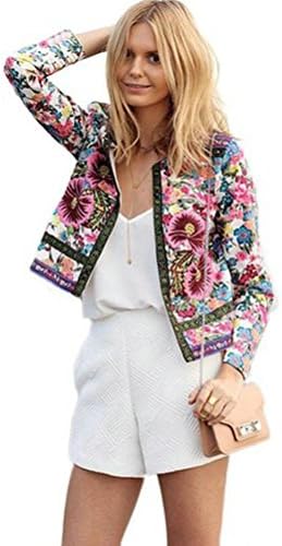Chaqueta de la capa impresa floral de las mujeres con mangas largas egymcom Outwear la chaqueta corta (FBA) --- 100% de devolución de 30 días (L, White)