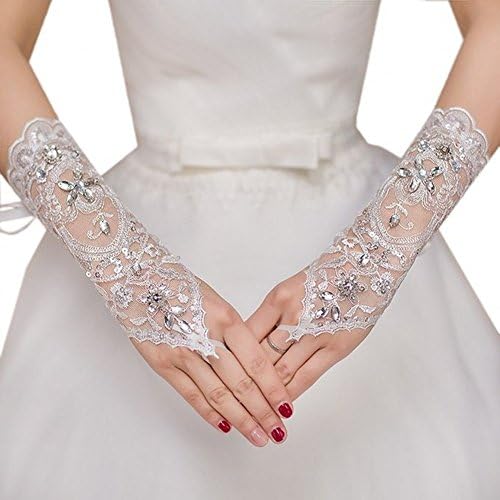 RuiyuhongE Pair of Fingerless Rhinestone Women's Wedding Party Bridal Gloves (White1)