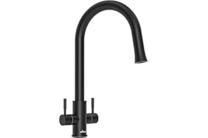 APPASO Black Kitchen Tap Dual Lever, 2 Handles Monobloc Kitchen Mixer Taps 1 Hole with Pull Out S304 Stainless Steel Sprayer 1 Modes, High Arch 360°Swivel Mono Sink Faucet Twin Lever Matte Black