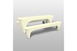 Stoff-Kollektion - Hussen Bierzeltgarnitur Set 3er aus Polyester - Stretch Bierbank- & Biertischhussen - Festzeltgarnitur aus 1x Biertischbezug 220x50x70cm & 2X Bierbankbezug 220x25x45cm - Creme