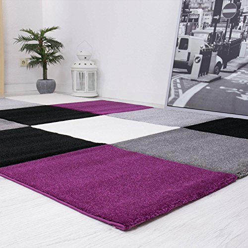Moderner Designer Teppich Kariert Hoch Tief Strukturen Lila Grau Weiß Schwarz – VIMODA, Maße:60 cm x 110 cm - 3