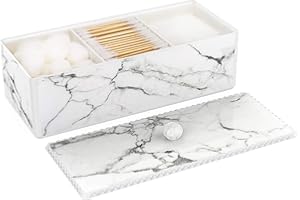 Luxspire Cotton Swab Holder with Lid, Marble Pattern Cotton Ball Holder Dispenser, Bathroom Canister Storage Jar for Cotton Pads Bud Q-tip, Vanity Cosmetics Countertop Organizer with 3 Compartments