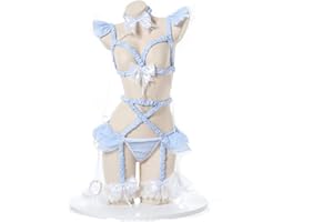 JasmyGirls Seksowny zestaw bielizny cosplay, kawaii, anime, , bielizna do odgrywania ról, stanik w kratę, majtki piżamowe z chokerem pas do pończoch