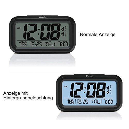 DreamSky Digitalwecker „Dual Alarm“, zwei Weckzeiten, laut, ansteigender Weckton, sensorgesteuerte Nachtlichtfunktion, Schlummerfuntion, Uhrzeit, Datum und Temperaturanzeige, vier Alarmmodi, großes LCD Display, Batteriebetrieb, Schwarz - 5