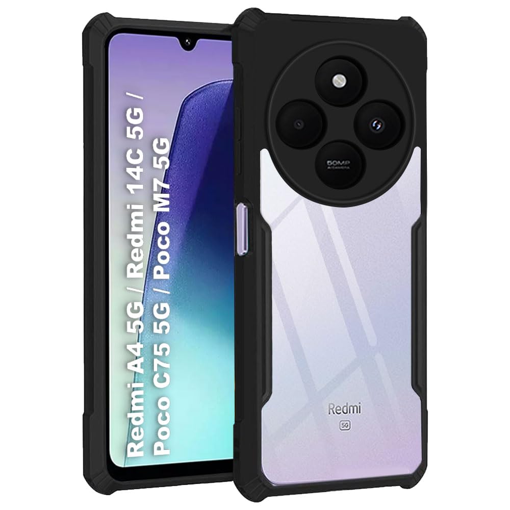 TheGiftKart Shockproof Crystal Clear Back Cover Case for Mi Redmi A4 5G / Redmi 14C 5G / Poco C75 5G / M7 5G | 360 Degree Protection | Protective Design | Transparent Cover (PC & TPU, Black Bumper)