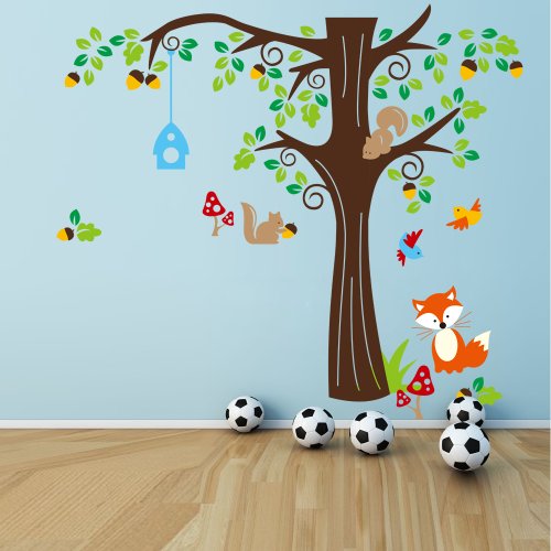 XXL Jungle Waldtier mit Fuchs, Vögel und Eichhörnchen spielen auf bunten Baum Wandtattoo Wandaufkleber für Kinder Kindergarten - 3