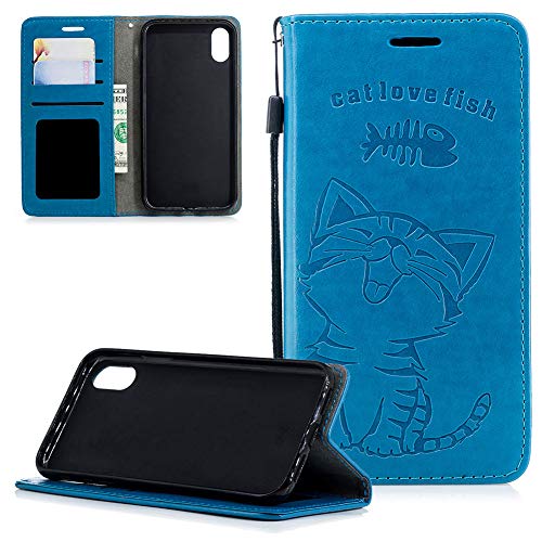 Preisvergleich Produktbild ZCXG iPhone XS Max Hülle,Weich Slim Madam Frauen Brieftasche Hülle Leder Magnet Ständer Katze Niedlich Kartenhalter Geldbeutel Kreditkartenhüllen Handyhülle iPhone XS Max Blau
