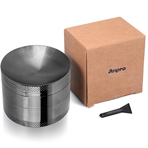 Anpro Premium Aluminium Pollen Grinder Crusher für getrocknete Tabak, Herb, Kräuter, Gewürze, Herb. Ø55mm, 4-teiliges Set mit Mini-Scraper, Schwarz - 7