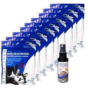 Stink Free Cat Litter Odor Seal Bag - Smell Proof Kitty Litter Bags. 12 Packs of 21 Waste Remover Bags for Poop and Urine. Cleaning Supplies for Your Litter Box & Free 2 oz. of Every Cat Litter Spray