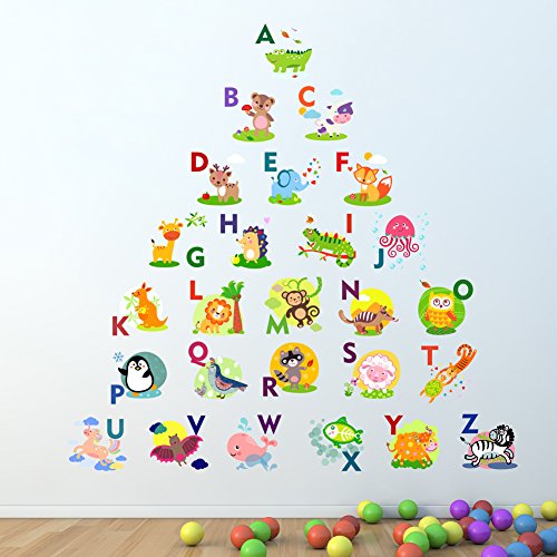 Wall4stickers Alphabet Anglais avec des Animaux Autocollant Mural Apprenez des Lettres Chambre des Enfants Décalcomanie Enfants Art Graphique caractères Mural