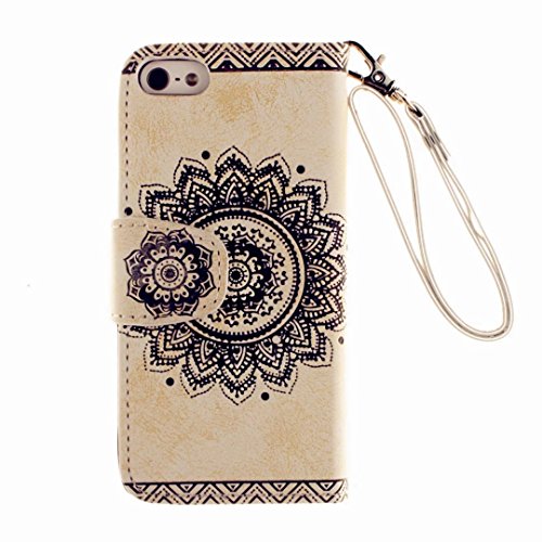 MUTOUREN Schutzhülle Case für iPhone SE 5 5S Prägung Blumen Geprägte indische Mandala Muster Buch-Stil Bookstyle Handyhülle Schutzhülle Taschen Anti-scratch Bumper et Shock Absorption Magnetverschluss Magnet Etui + Metall Touch-Pen, Retro Weiß - 4