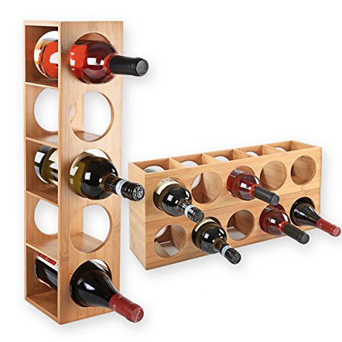Torrex 31537 Weinregal aus edlem Bambusholz stapelbares Weinflaschenregal für 5 Flaschen Wein, liegend oder stehend, erweiterbar (4 Regale)