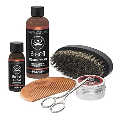 Breett huile à barbe kit 6 pcs,Huile à barbe naturel, d'une Pommade à barbe, Lavage de la barbe, Un ciseaux à barbe acier inoxydable, Un peigne à barbe, Une brosse à barbe en Soie de Porc