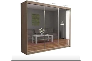 A.C. Milan German Modern Double Mirror sliding door wardrobe with LED Light Width 100cm/120cm/150cm/180cm/203cm/250cm (Oak, 250 CM)