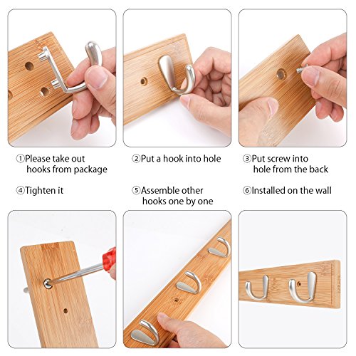 HOMFA Hakenleiste Wandgarderobe Kleiderhaken Wandhaken Mantelhaken Bambus Handtuchhalter Mehrzweckhaken Garderobenhaken mit 7 Haken im Flur, Diele, Wohnzimmer, 87x6x5cm - 7