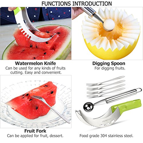 OULII Wassermelonen-Schneider mit Melonen-Ausstecher und 4 Obst-Gabeln aus Edelstahl 304 - 4