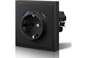 BSEED Enchufe con 20W USB C Carga Rapida,Enchufe de Pared con Garfio,Mate Enchufes Empotrable,Fácil Instalación,C-Series,1 Enchufe con 20W USB y Tipo C,80mm Negro
