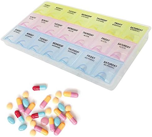 21 Compartment 7 DAY PILL BOX -Morning, Noon, Evening -Store &amp; Organise Tablets &amp; LED Keychain Light