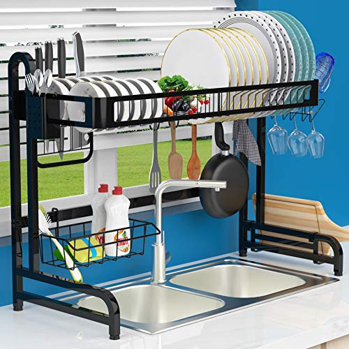 LeaderPro Égouttoir à Vaisselle en Acier Inoxydable 304, Support à Égouttoir Organiseur sur Évier Multi-usages Étagère pour Égouttoir Anti-Rouille Rangement de Cuisine, Noir