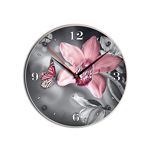 Wanduhr - Schmetterlingsorchidee, Glas-Wanduhr Durchmesser 33 cm, rund