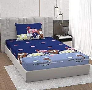 Comfort Lifestyle 240 TC Soft Glace Cotton Animal Print Kids Single Bedsheet for Kids with One Pillow Cover (Bedsheet Size 60x90 Inches, Pillow Cover Size 18x28 Inches, Navy Blue)