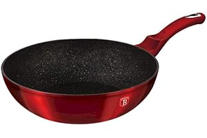 BERLINGER HAUS - Wok 30 cm - Revêtement Granit-Marbre 3 couches - Poignée ergonomique douce au toucher avec protection offerte - Ligne métallique bordeaux