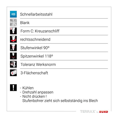 TERRAX by RUKO 3-teiliger Stufenbohrer-Satz HSS gerade genutet, in den Größen 0/9, 1, 2 in stabiler, praktischer Kunststoffkassette, 1 Stück, A101126RO - 7