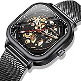 ★Spezielles Design★: Quadratisches zifferblatt, schwarz und gold skelettzifferblatt, leuchtzeiger und transparente glasbodenabdeckung erleichtern das ablesen des uhrwerks