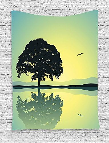 Apartment Decor Tapestry, Single Tree Standing Alone With Reflection In Water Gulls Silhouettes Nature Scenery, Bedroom Living Room Dorm Decor, 40 W x 60 L Inches, Yellow Green