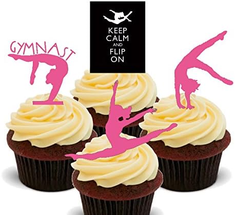 Keep Calm and Flip On! Pink Gymnastics Silhouettes Edible Cupcake Toppers - Stand-up Wafer Cake Decorations (Pack of 24)