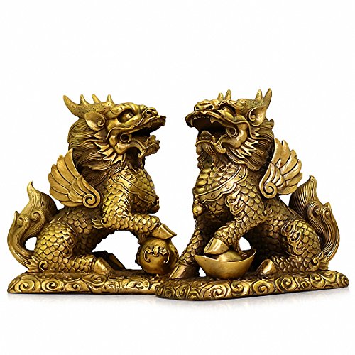 Feng Shui Set of Two Golden Brass Chi Lin/Kylin Wealth Prosperity Statue, Home Decoration Attract Wealth and Good Luck